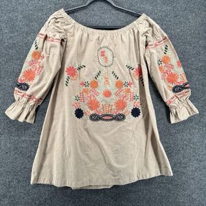 The Impeccable Pig Dress Womens L Beige Embroidered Flower Off the Shoulder Boho
